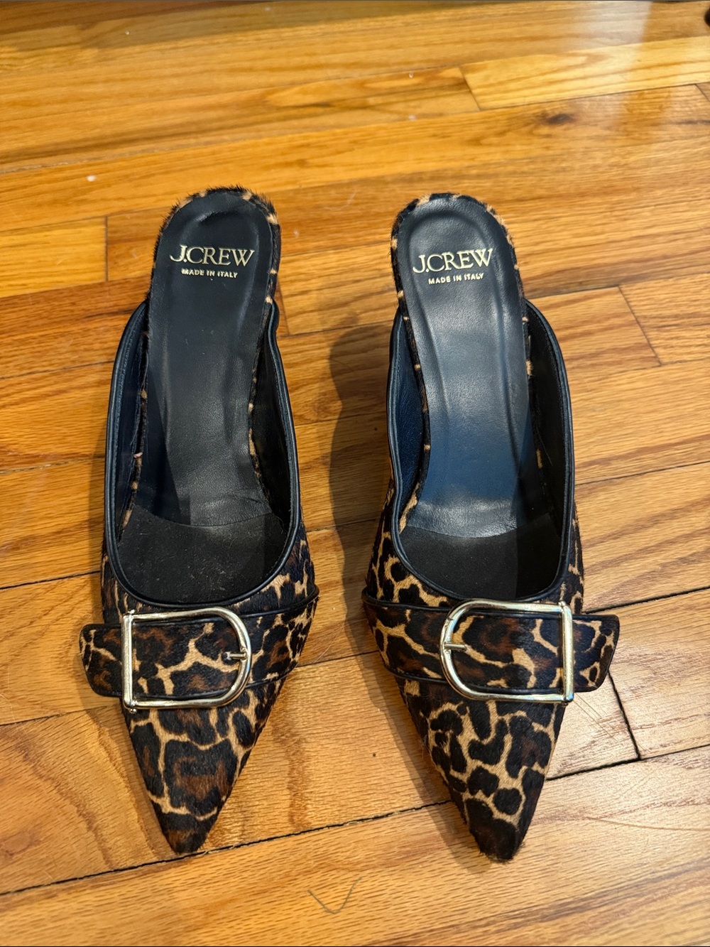 Jcrew pony hair cheetah mules heels 6.5